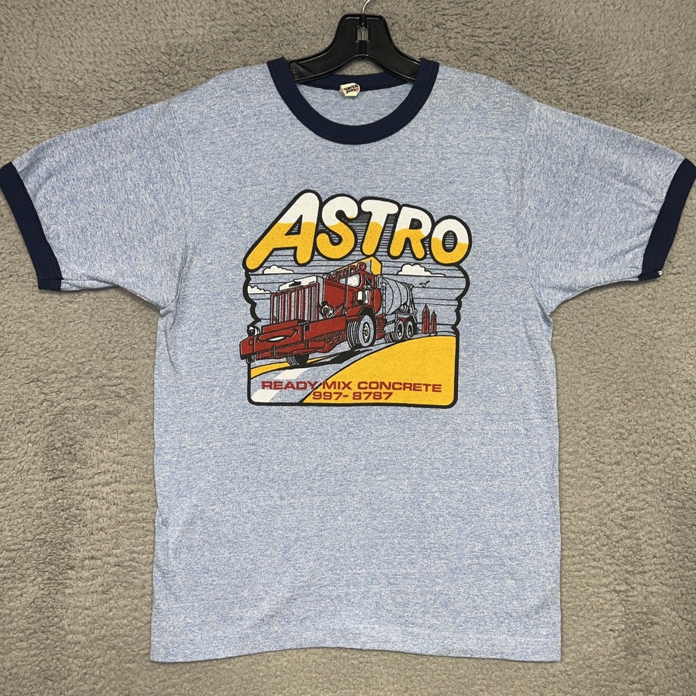 VTG Screen Stars Astro Ready Mix Concrete T Shirt Sz L Blue Ringer Made USA 80s